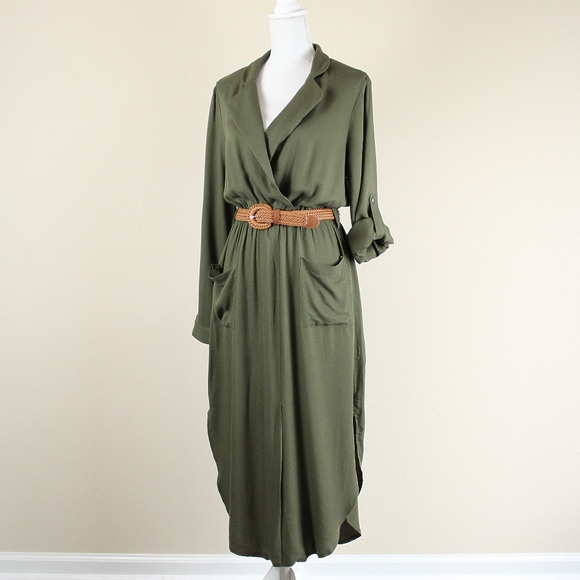 Venus Belted Midi Shirt Dress Olive ...